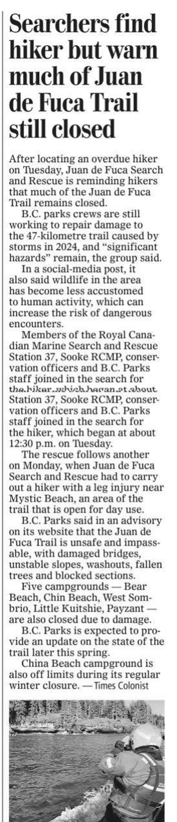 Scan of Times Colonist, page A4, 9 April 2026 — the article “Searchers find hiker but warn much of Juan de Fuca Trail still closed”
