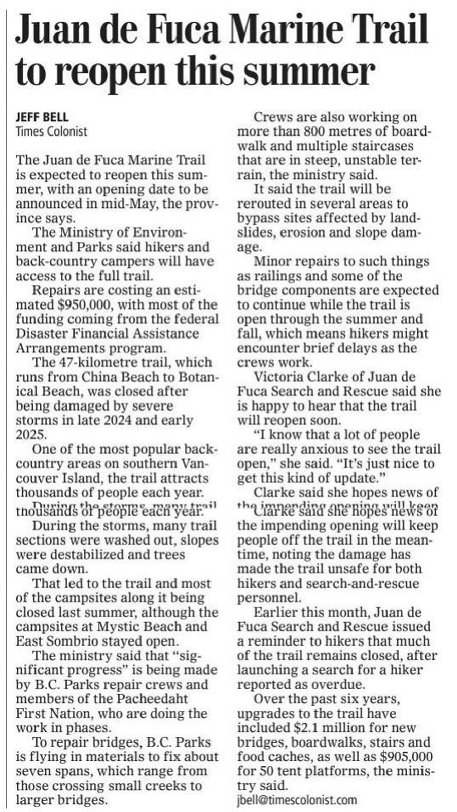 Scan of Times Colonist, page A4, 29 April 2026 — the article “Juan de Fuca Marine Trail to reopen this summer”