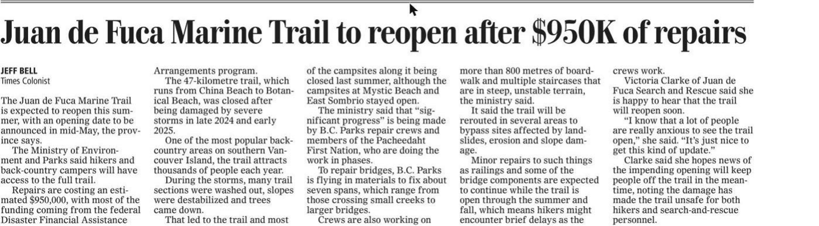 Scan of Times Colonist, page T3, 7 May 2026 — the article “Juan de Fuca Marine Trail to reopen after $950K of repairs”