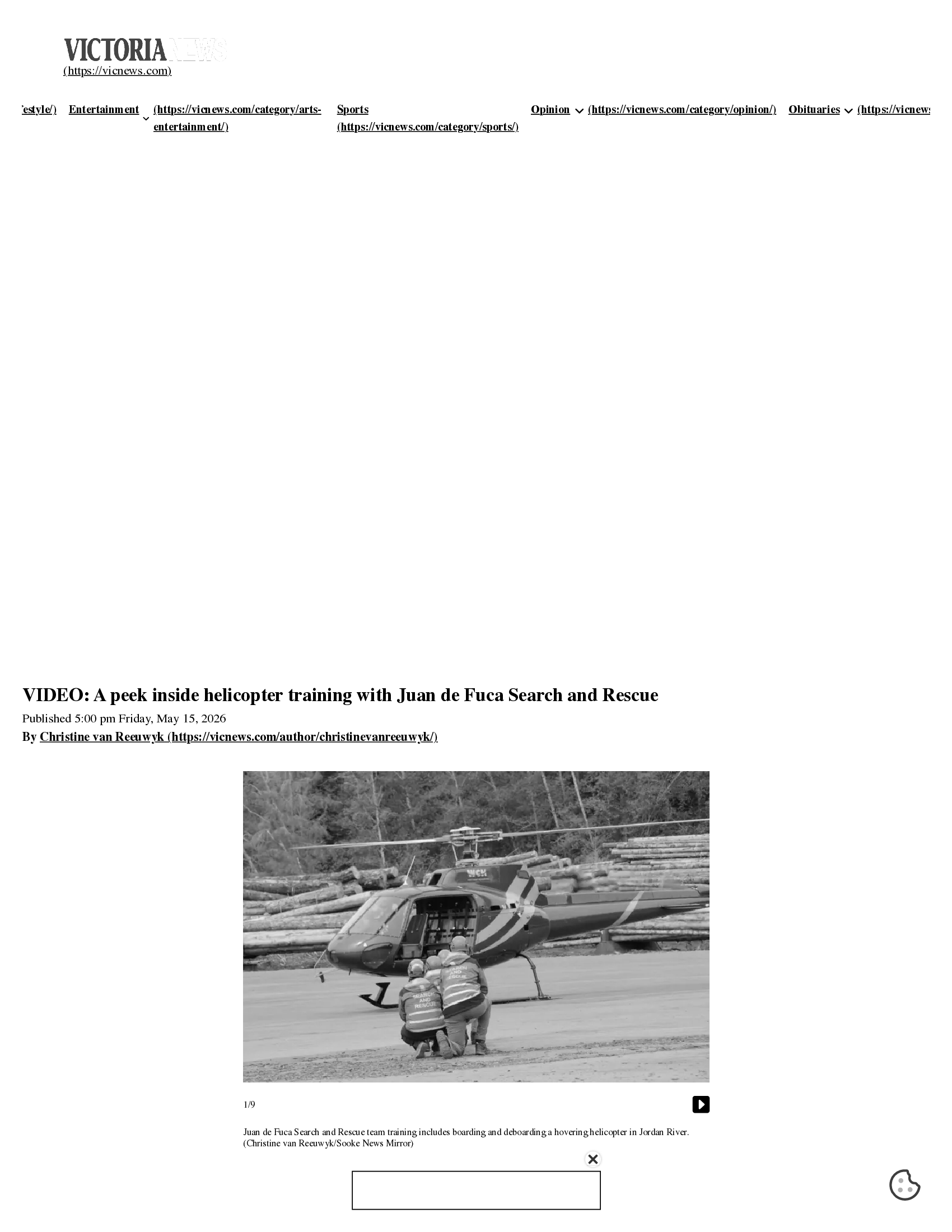Scan of Victoria News, 15 May 2026 — the article “VIDEO: A peek inside helicopter training with Juan de Fuca Search and Rescue”