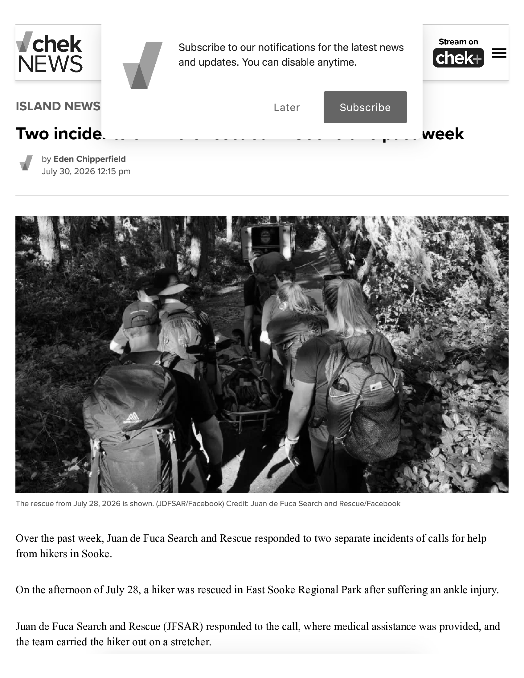 Scan of CHEK News, 30 July 2026 — the article “Two incidents of hikers rescued in Sooke this past week”